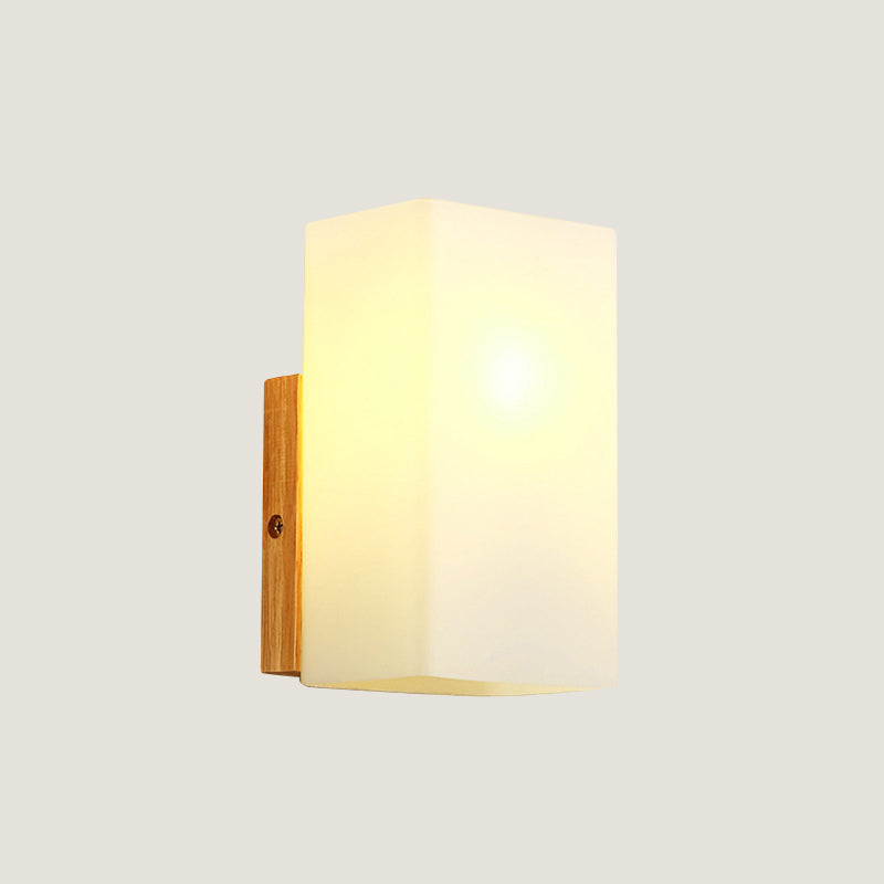 BowLift | Cube Wall Mount Light Fixture Minimalism Opal Glass 1 Main Color Beige Surface Wall Lamp with Wooden Detail