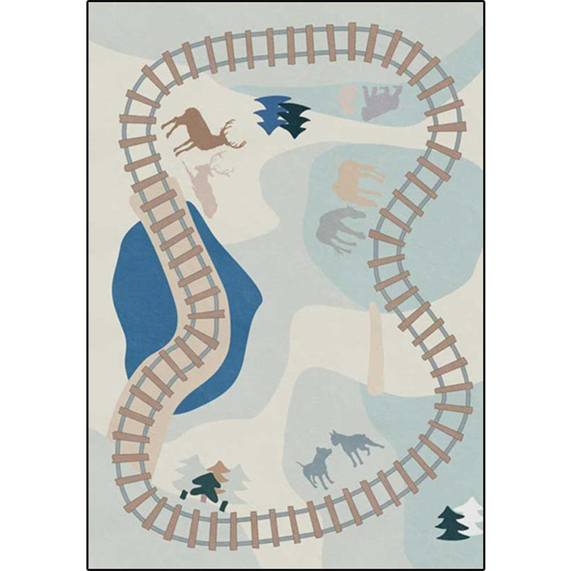 BowLift | Blue Rail Pattern Carpet with Animals Polyester Kids Carpet Pet Friendly Washable Non-Slip Carpet for the Bedroom