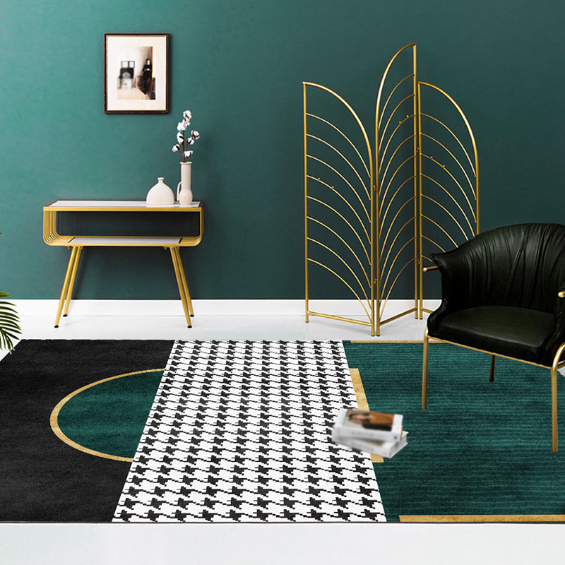 Green Living Room Carpet Modernism Geometric and Houndstooth Pattern Carpet Polyester Washable Non-Slip Back Pet Friendly Carpet | Bowlift
