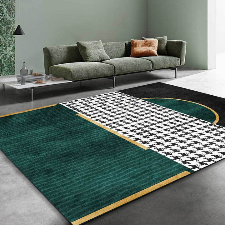 Green Living Room Carpet Modernism Geometric and Houndstooth Pattern Carpet Polyester Washable Non-Slip Back Pet Friendly Carpet | Bowlift