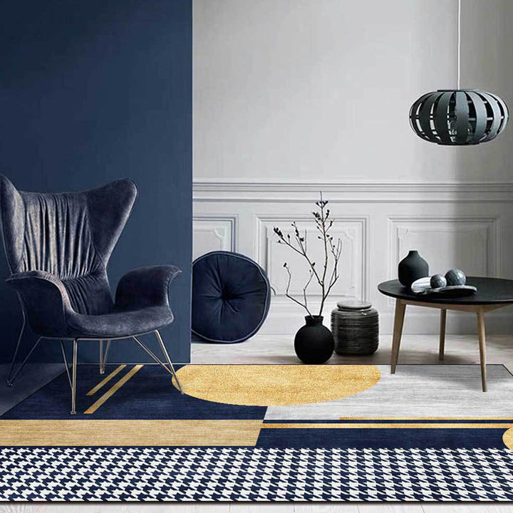 Gold Living Room Rug Modernism Geometric and Houndstooth Pattern Rug Polyester Washable Non-Slip Back Pet-Friendly Rug | Bowlift