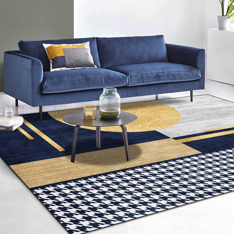 Gold Living Room Rug Modernism Geometric and Houndstooth Pattern Rug Polyester Washable Non-Slip Back Pet-Friendly Rug | Bowlift