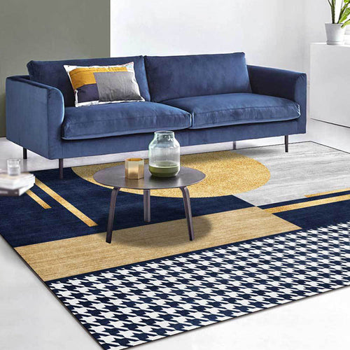 Gold Living Room Rug Modernism Geometric and Houndstooth Pattern Rug Polyester Washable Non-Slip Back Pet-Friendly Rug | Bowlift