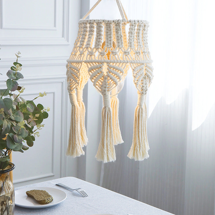 Macramé pendant light with hand-knotted cotton shade and decorative fringes Bowlift