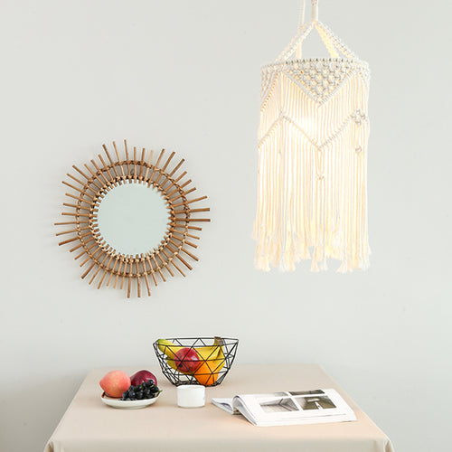 Macramé pendant light with hand-knotted cotton shade and decorative fringes Bowlift