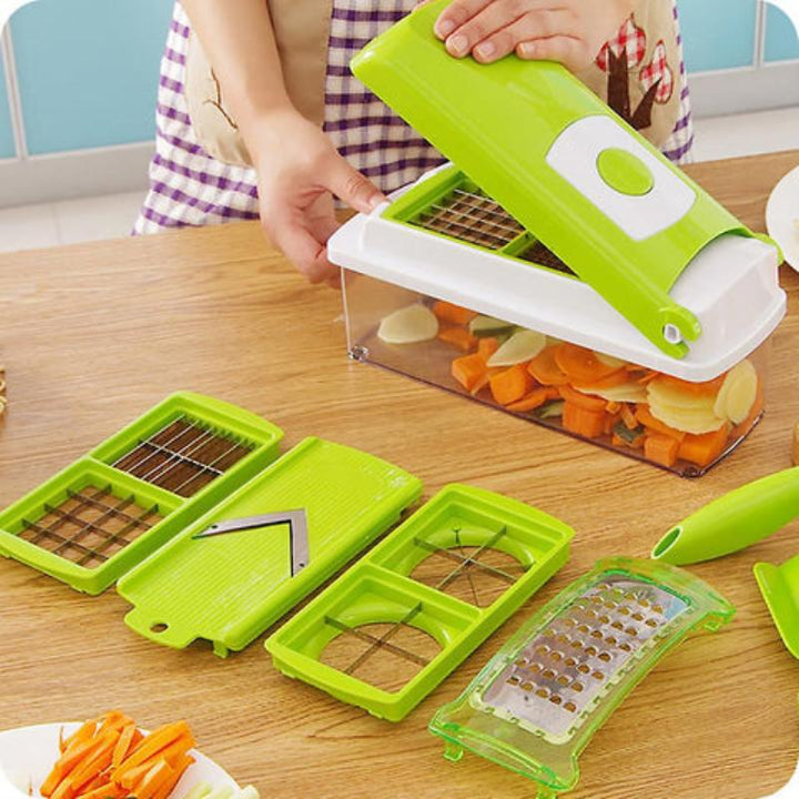BowLift | CutMate Multifunctional Vegetable Cutter 12-in-1 | With Collection Container & Finger Guard | Stainless Steel Blades | Compact & Safe