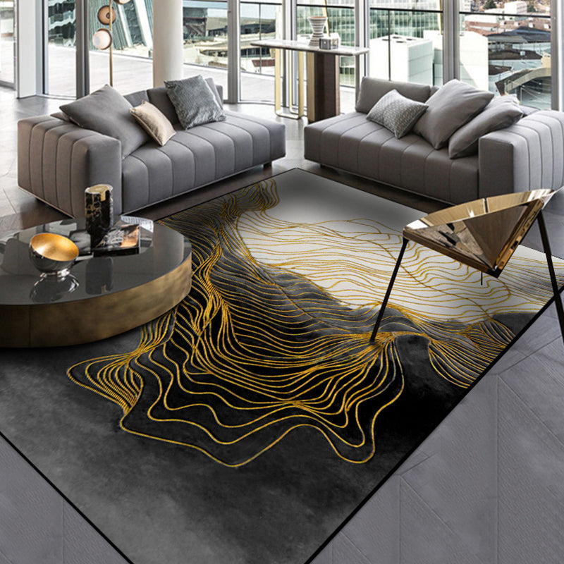 BowLift | Modern Whirl Stripe Pattern Rug Black Polyester Area Rug Non-Slip Pet-Friendly Washable Rug for Living Room