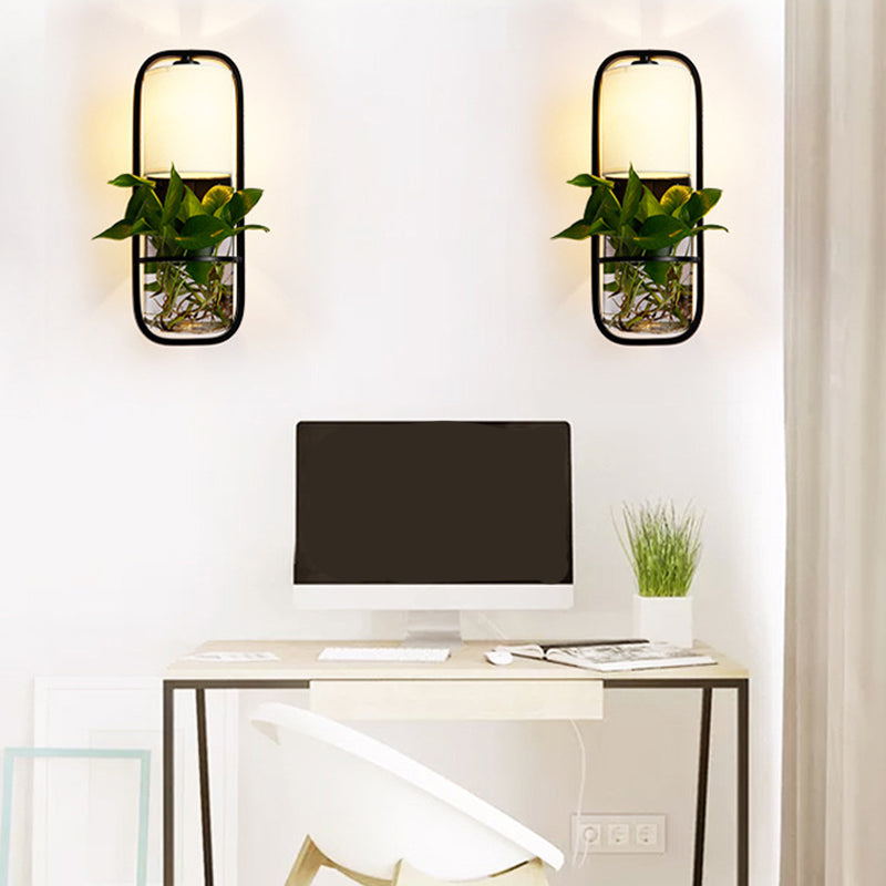 BowLift | 1 Bulb Cylindrical Wall Lamp Lodge Black/White/Gold Fabric Wall Light with Warm/White Light and Plant Pot