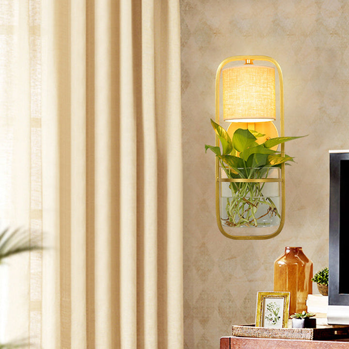 BowLift | 1 Bulb Cylindrical Wall Lamp Lodge Black/White/Gold Fabric Wall Light with Warm/White Light and Plant Pot