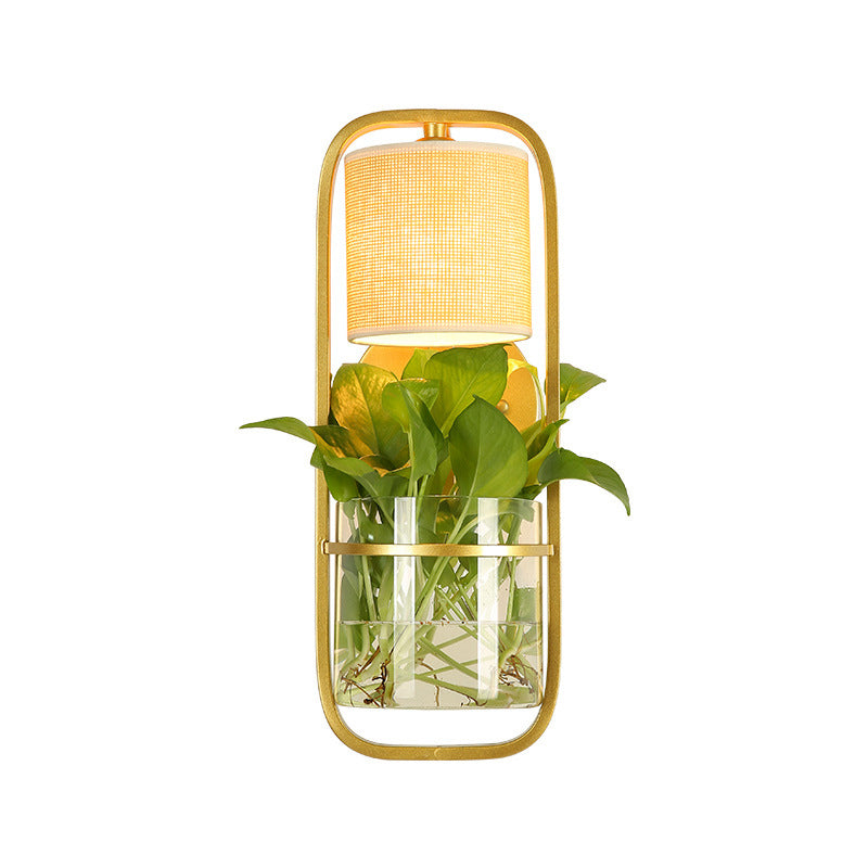 BowLift | 1 Bulb Cylindrical Wall Lamp Lodge Black/White/Gold Fabric Wall Light with Warm/White Light and Plant Pot