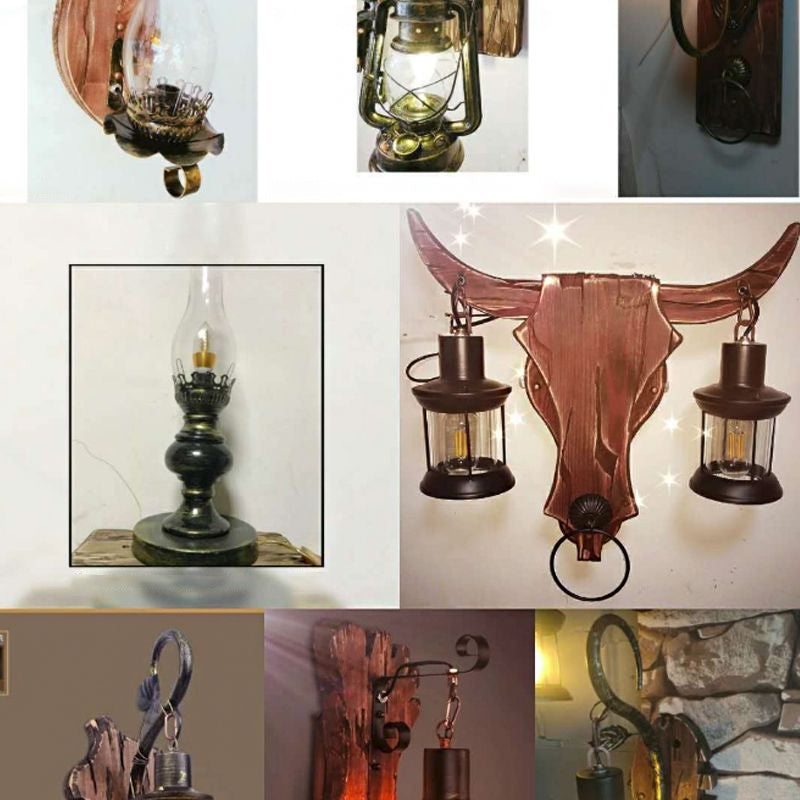 BowLift | 1/2-Light Clear Glass Wall Lamp Rustic Brown Lantern/Kerosene Kitchen Wall Mount Light with Ox/Oval Wooden Backplate