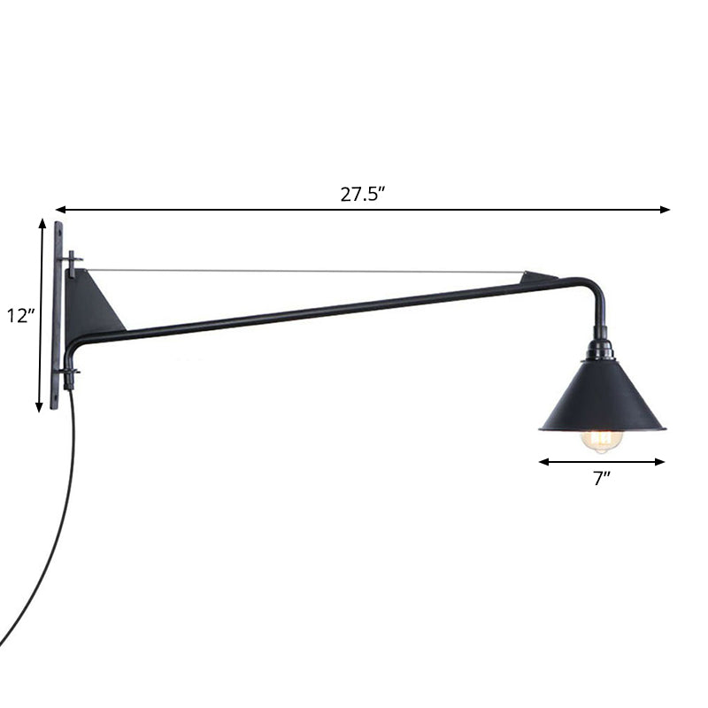 BowLift | Industrial Scalloped/Exposed Wall Lamp 1/2-Light Iron Plug-in Wall Mounted Lighting with Long Swing Arm in Black