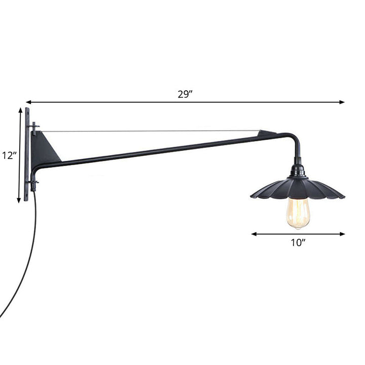 BowLift | Industrial Scalloped/Exposed Wall Lamp 1/2-Light Iron Plug-in Wall Mounted Lighting with Long Swing Arm in Black