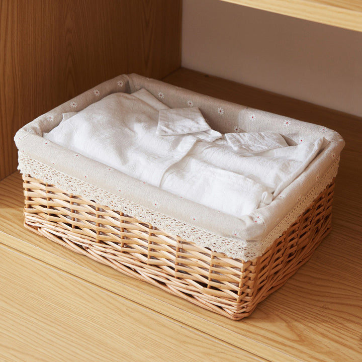 Women's storage basket with checked fabric lining and elegant lace trim Bowlift