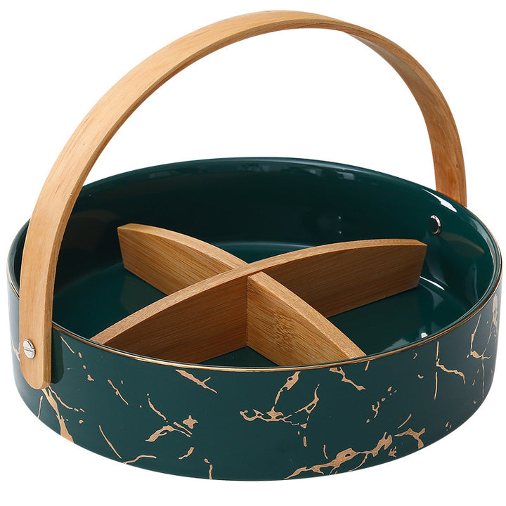 Kitchen organizer with bamboo handle and four-part insert, marbled snack bowl
