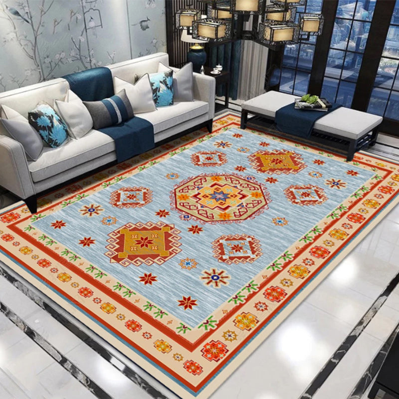 Moroccan living room rug in blue and red with medallion floral pattern rug polyester machine washable area rug | Bowlift