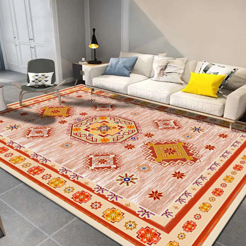 Moroccan living room rug in blue and red with medallion floral pattern rug polyester machine washable area rug | Bowlift