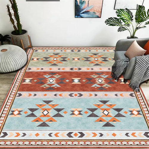 BowLift | Blue and Red Bedroom Carpet Moroccan Medallion Triangle Stripes Pattern Area Rug Polyester Non-Slip Rug