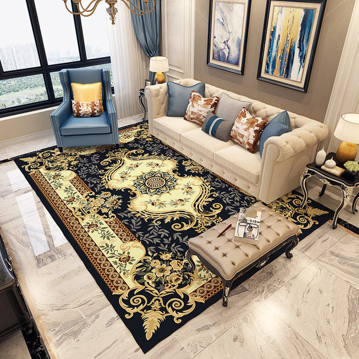 Moroccan living room rug in blue and red with medallion floral pattern rug polyester machine washable area rug | Bowlift