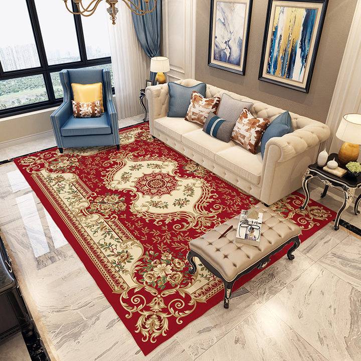 Moroccan living room rug in blue and red with medallion floral pattern rug polyester machine washable area rug | Bowlift