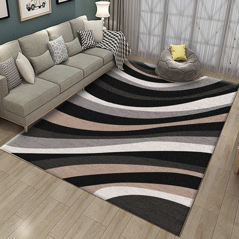 BowLift | Novelty Stripe Curve Pattern Rug in Black and Gray Polyester Rug Washable Rug for the Living Room