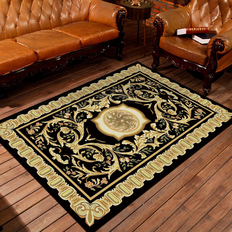 BowLift | Moroccan living room rug in black and yellow floral print rug polyester area rug