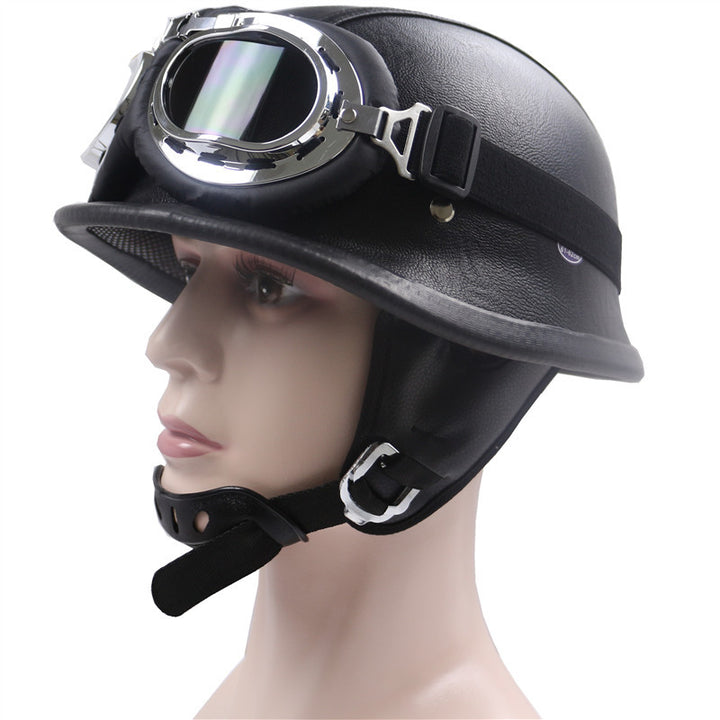 Vintage Leather Motorcycle Helmet with Chrome Goggles Bowlift