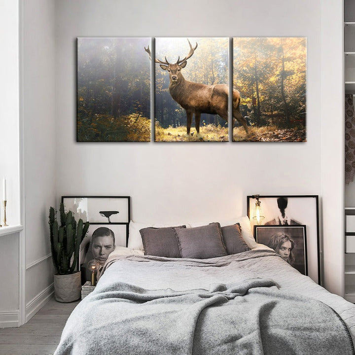 Majestic Deer in the Woods-Canvas Wall Art Painting 3 Pieces | Bowlift