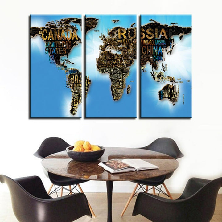 Country Name & Blue Sea World Map-Canvas Wall Art Painting 3 Pieces | Bowlift