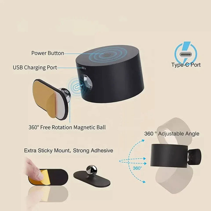 BowLift | 360° Wall Lamp – Wireless, USB rechargeable & 3 brightness levels for flexible lighting
