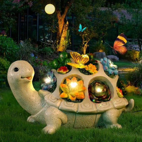 BowLift | Solaro Turtle Garden | Solar Turtle Statue with LED & Succulents | For Garden, Terrace & Balcony