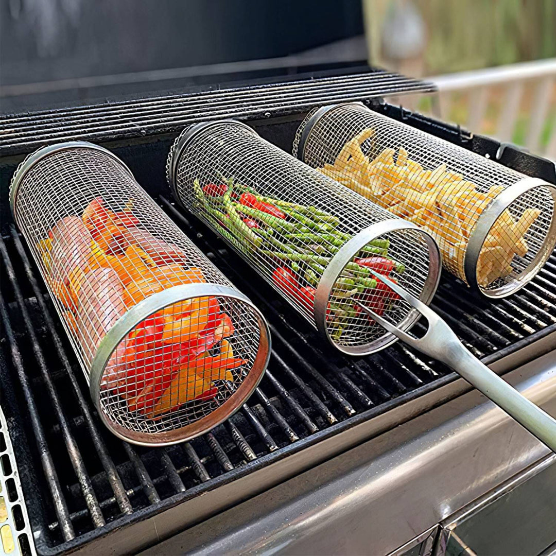 2-piece: Portable BBQ Roll Cart Round Stainless Steel Grill Bowlift