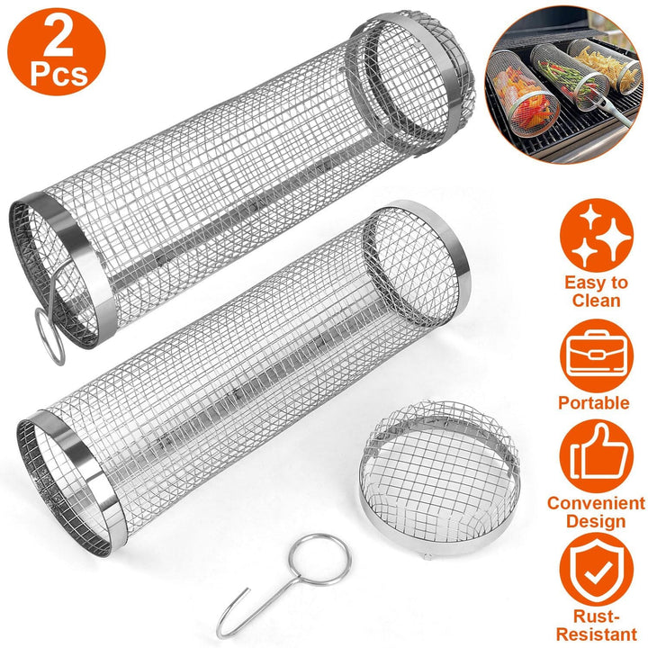 2-piece: Portable BBQ Roll Cart Round Stainless Steel Grill Bowlift