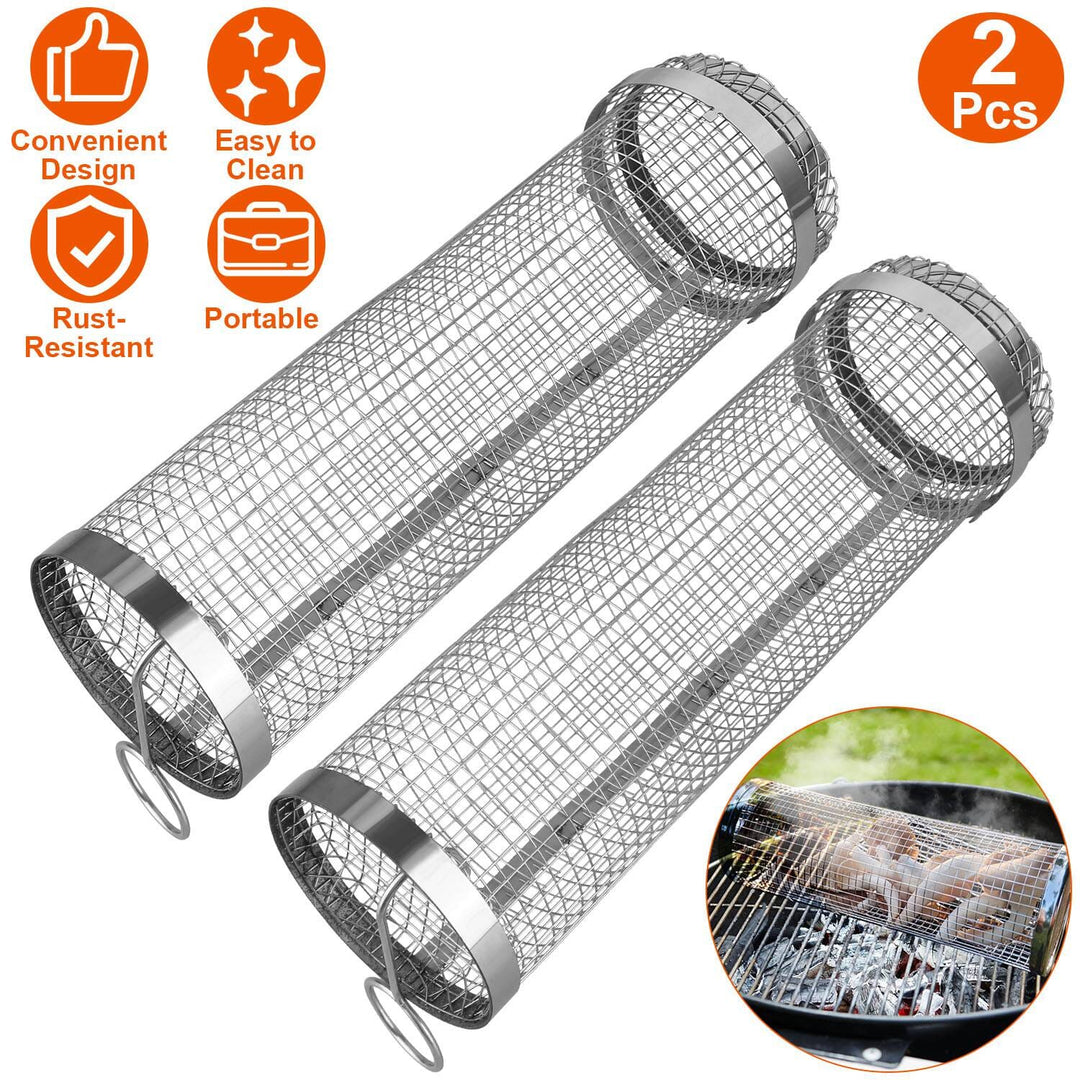 2-piece: Portable BBQ Roll Cart Round Stainless Steel Grill Bowlift