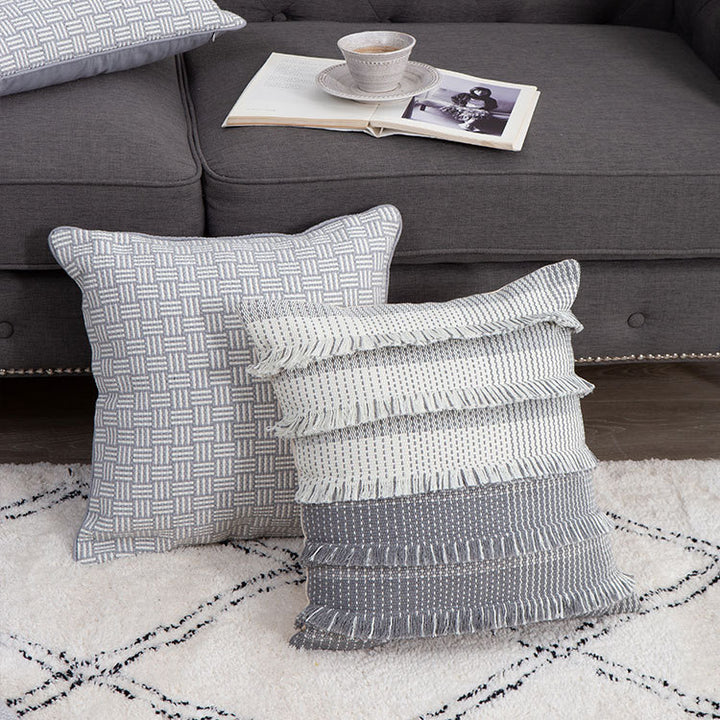Square cushion cover with striped tufted look and fringe borders