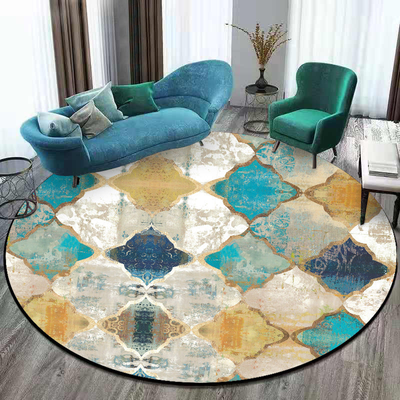 Worn Blue-Yellow Moroccan Carpet Polypropylene Four-Leaf Pattern Rug Non-Slip Back Pet-Friendly Stain-Resistant Rug for Room | Bowlift