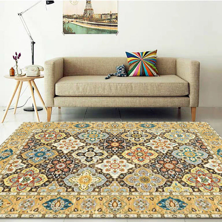 BowLift | Persian four-leaf pattern carpet gold polypropylene carpet flooring machine washable stain-resistant anti-slip backing carpet for living room