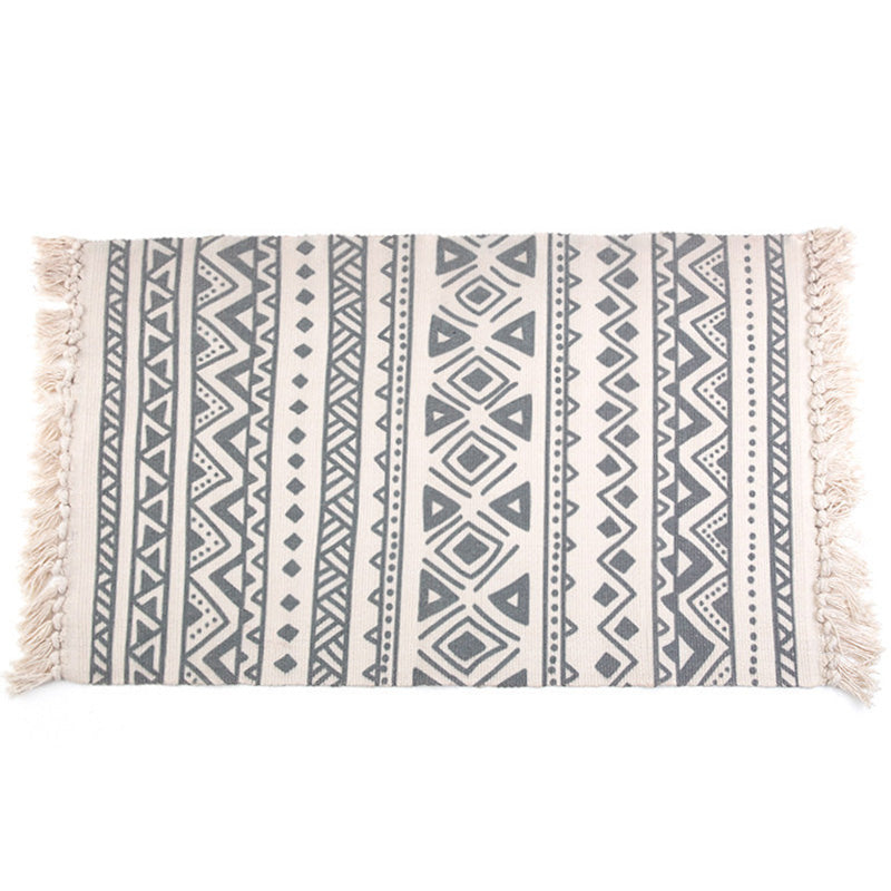 Retro Bedroom Rug Multicolored Geometric Printed Area Rug Fabric Machine Washable Rug with Fringes | Bowlift