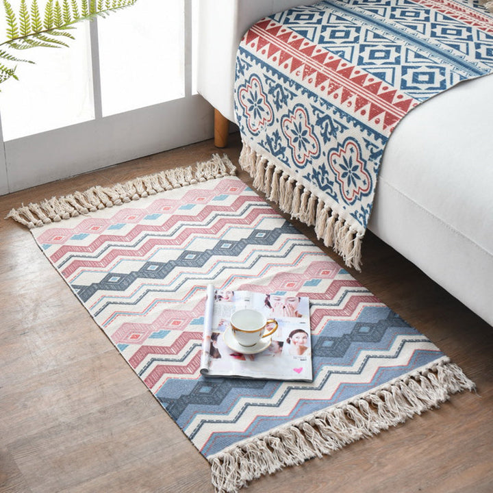 BowLift | Western Bedroom Carpet Multicolored geometric print rug cotton blend machine washable easy care with fringes