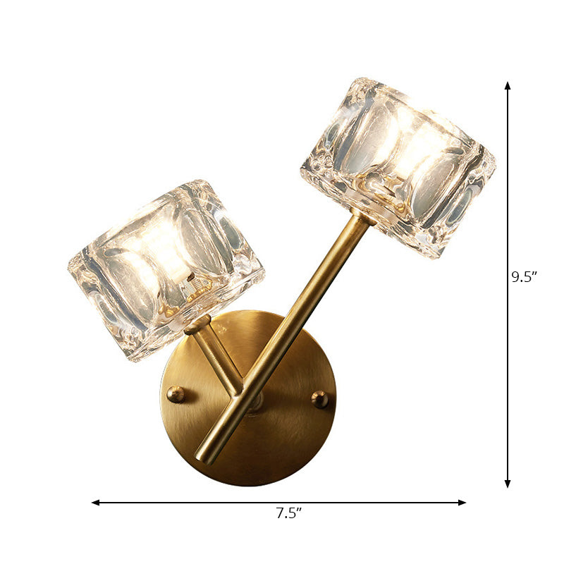BowLift | 1/2-Light Bedroom Wall Lighting Contemporary Style Brass Finish with Square Clear Crystal Shade
