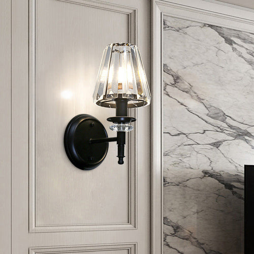 BowLift | Clear Crystal Cone Wall Mount Light Contemporary Style 1 Bulb Black Surface Wall Light for Bedroom