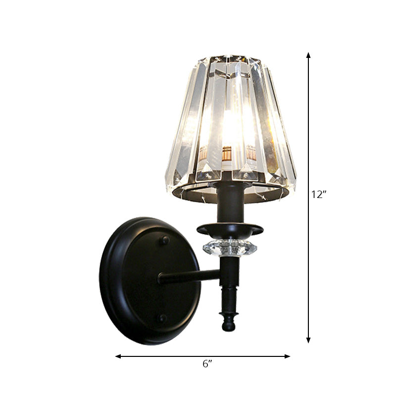 BowLift | Clear Crystal Cone Wall Mount Light Contemporary Style 1 Bulb Black Surface Wall Light for Bedroom