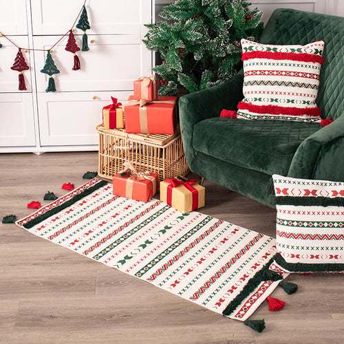 Flat-woven runner rug with Nordic Christmas pattern, tassels and cotton blend Bowlift