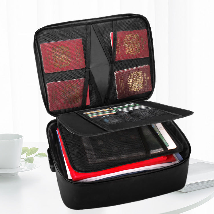 Travel document organizer with multiple passport slots card pockets tablet sleeve and zippered mesh compartments Bowlift