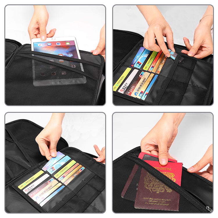 Travel document organizer with multiple passport slots card pockets tablet sleeve and zippered mesh compartments Bowlift
