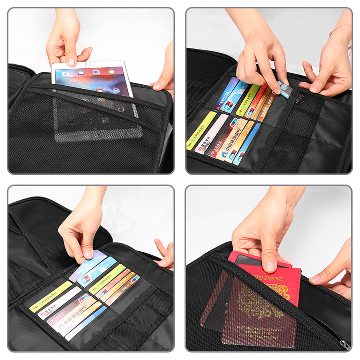 Travel document organizer with multiple passport slots card pockets tablet sleeve and zippered mesh compartments Bowlift