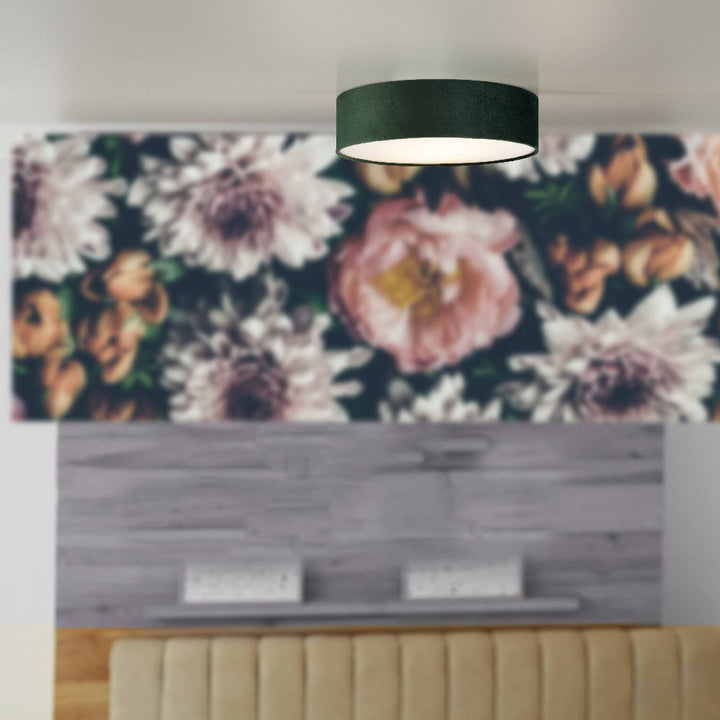 BowLift | Green Velvet & Opal Diffuser Vintage Round Flush Drum Light 38cm