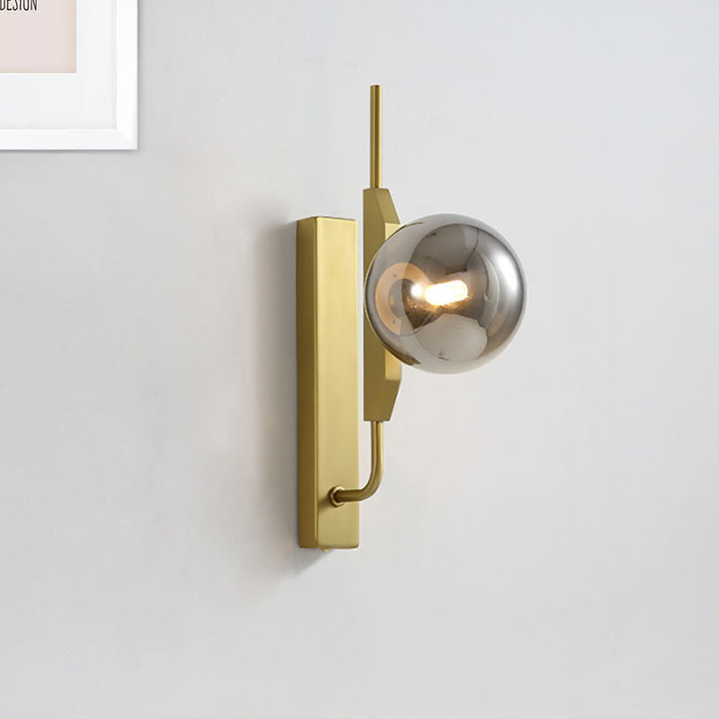 BowLift | LED Bedroom Wall Light with Spherical Smoky/White/Amber Glass Shade Modern Brass Wall Mount Light