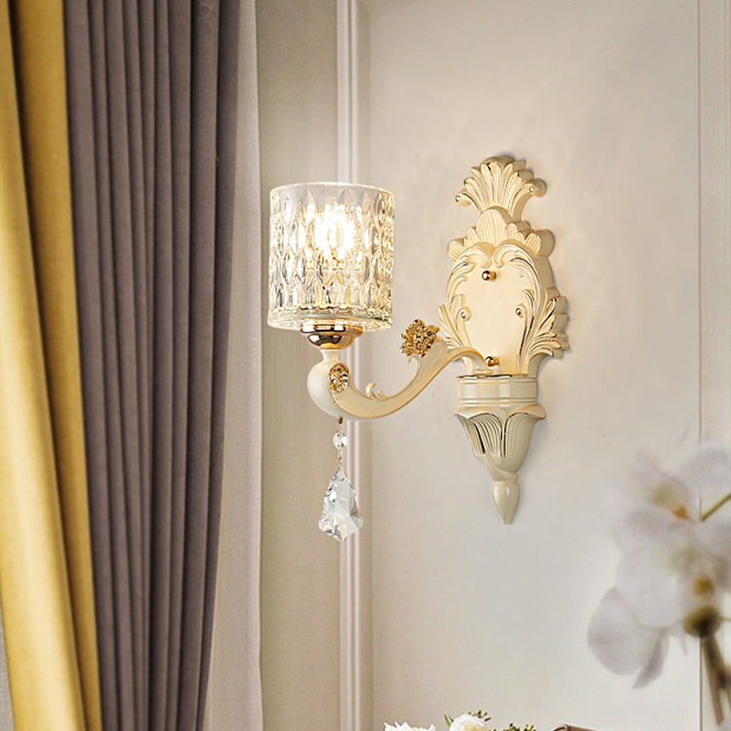 BowLift | Cylinder Wall Light Modern Clear Dimpled Glass 1/2 Heads Gold Wall Mounted Light with Crystal Drops