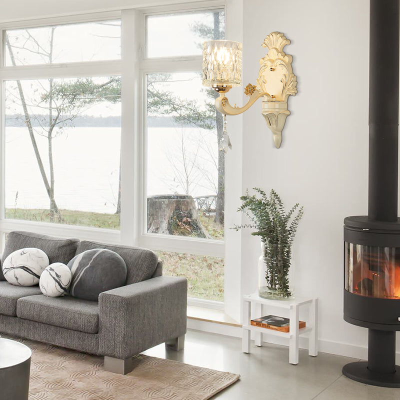 BowLift | Cylinder Wall Light Modern Clear Dimpled Glass 1/2 Heads Gold Wall Mounted Light with Crystal Drops